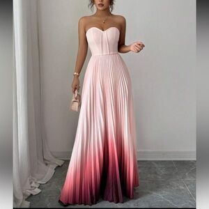 Strapless Ombre Pleated Maxi Dress in Pink